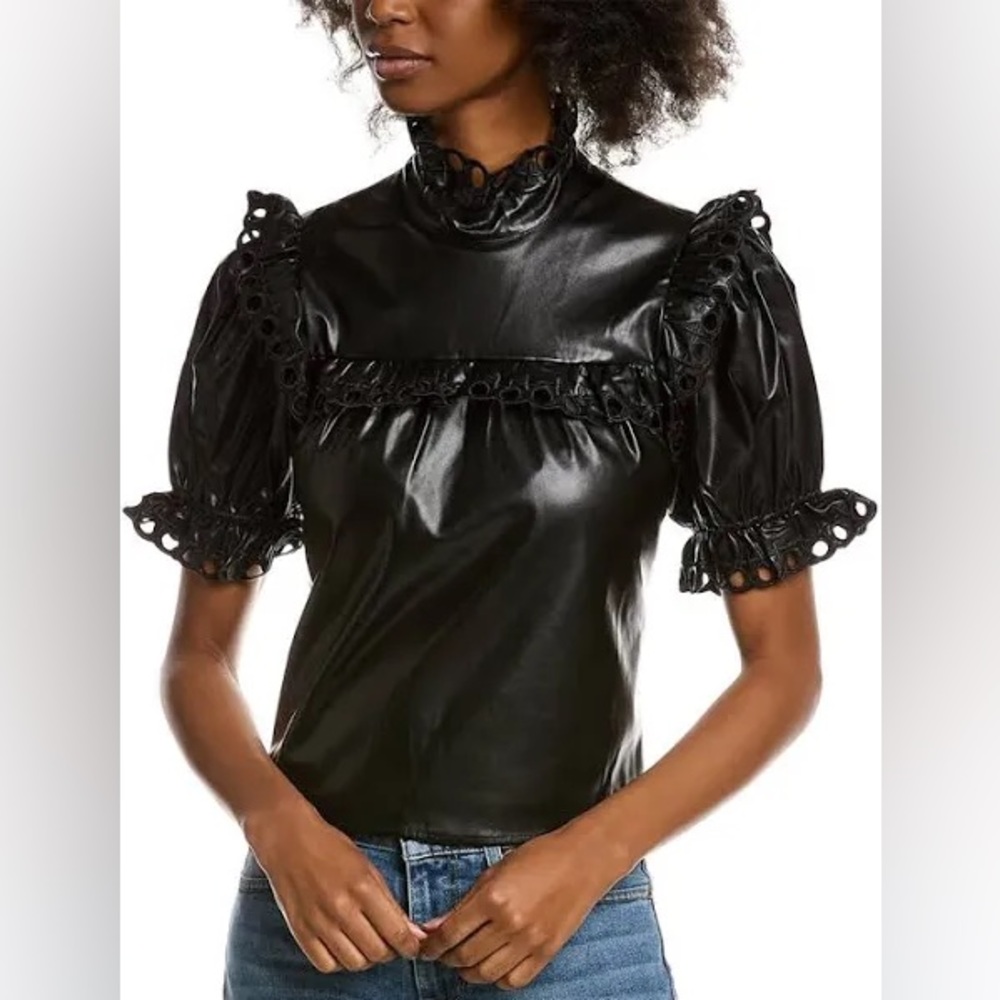 Great black faux leather top with puff sleeve